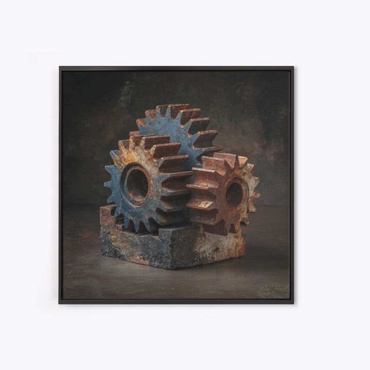 Rusted Gears Arranged as Sculptural Still Life Framed Canvas Print, Industrial Art, Room Decor, Living Room Decor, Foundry, IND-1x1-1