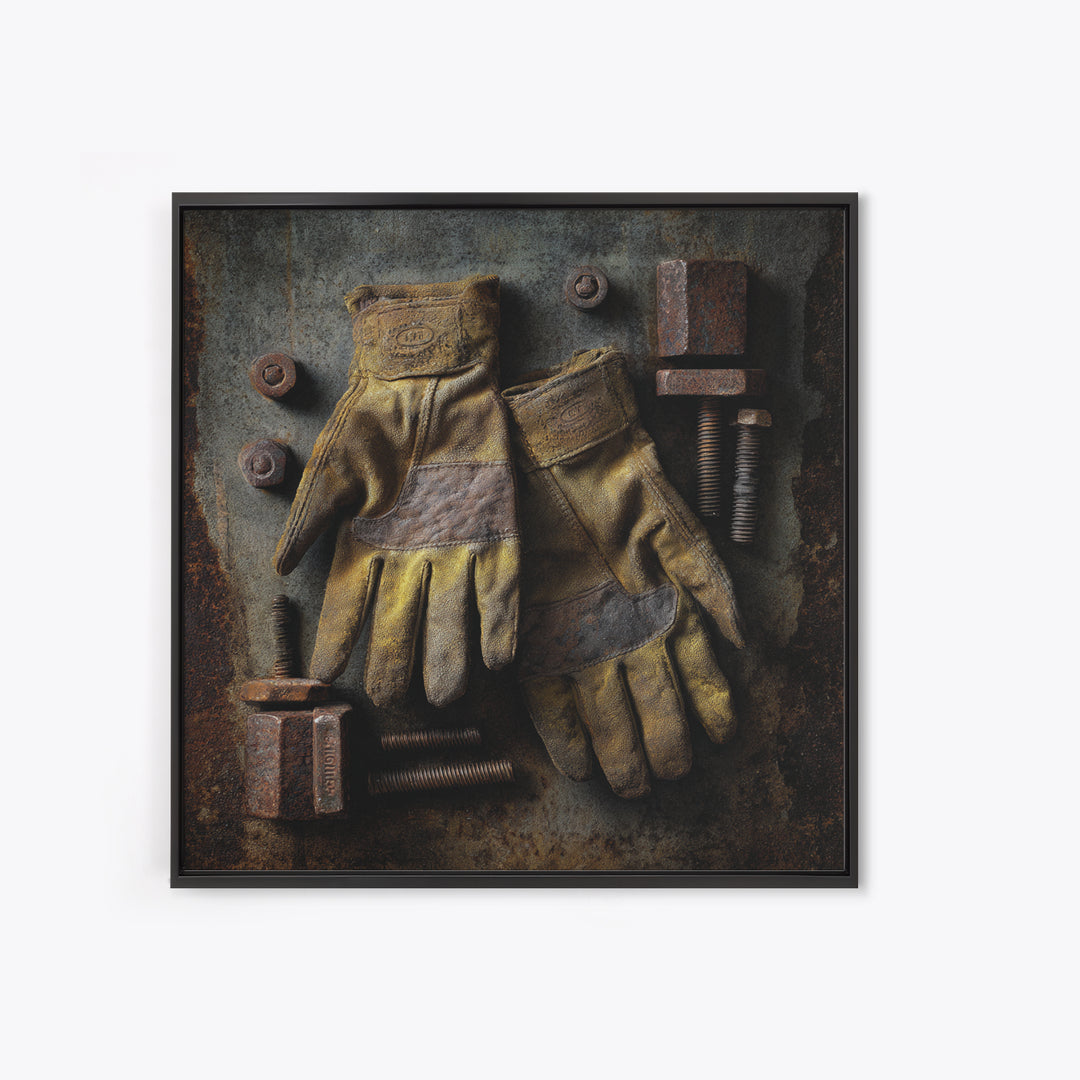 Worn Work Gloves and Bolts Arrangement Canvas Print, Industrial Art, Rustic Home Decor, Living Room Decor, Fine Art, Foundry, IND-1x1-18