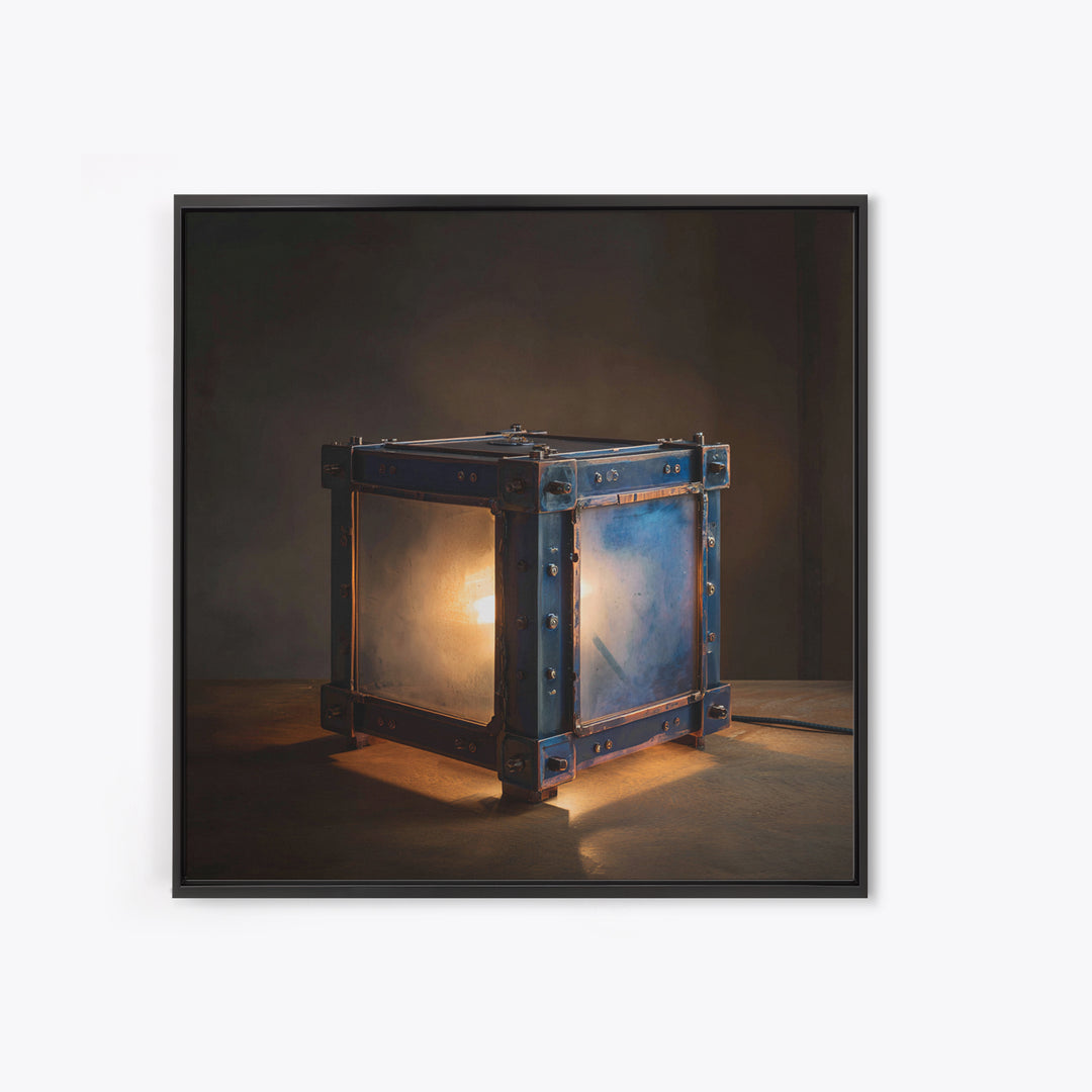 Industrial Lamp with Warm Glow Framed Canvas Print, Industrial Art, Metal Art, Living Room Decor, Foundry, Gallery Decor, IND-1x1-47