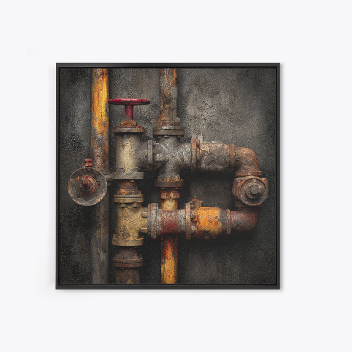 Metal Pipes and Valves as Graphic Composition Framed Canvas Print, Industrial Art, Wall Hanging, Living Room Decor, Foundry, IND-1x1-56