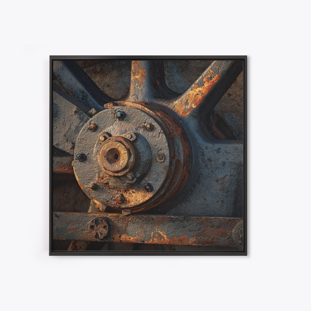 Steam Locomotive Wheel Closeup Framed Canvas Print, Industrial Art, Living Room Decor, Watercolor Art, Foundry, IND-1x1-6