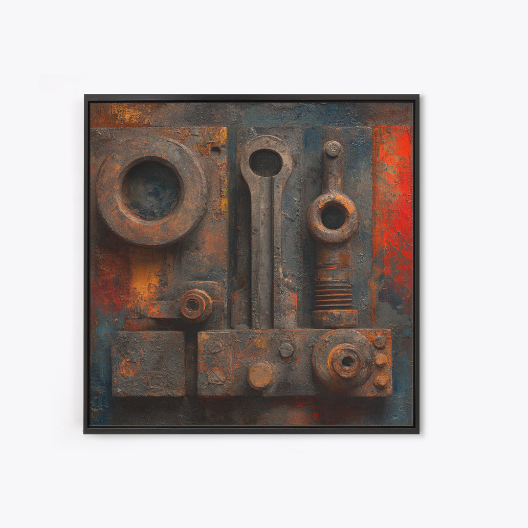 Brass Gauge and Machinery Still Life Framed Canvas Print, Industrial Art, Minimalist Decor, Living Room Decor, Oil Painting, IND-1x1-61