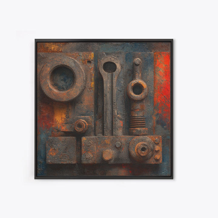 Brass Gauge and Machinery Still Life Framed Canvas Print, Industrial Art, Minimalist Decor, Living Room Decor, Oil Painting, IND-1x1-61