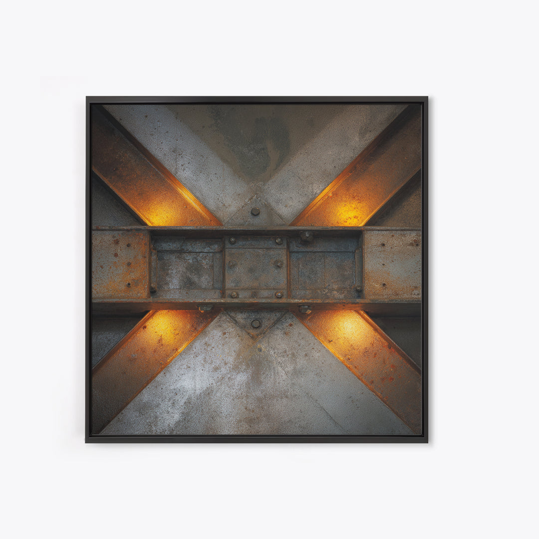 Steel Beams Crossing Like Abstract Lines Framed Canvas Print, Industrial Art, Wall Art, Living Room Decor, Fine Art, Foundry, IND-1x1-65