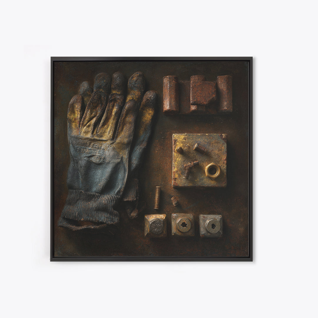 Worn Work Gloves and Bolts Arrangement Framed Canvas Print, Industrial Art, Texas Art, Living Room Decor, Abstract Art, Foundry, IND-1x1-66