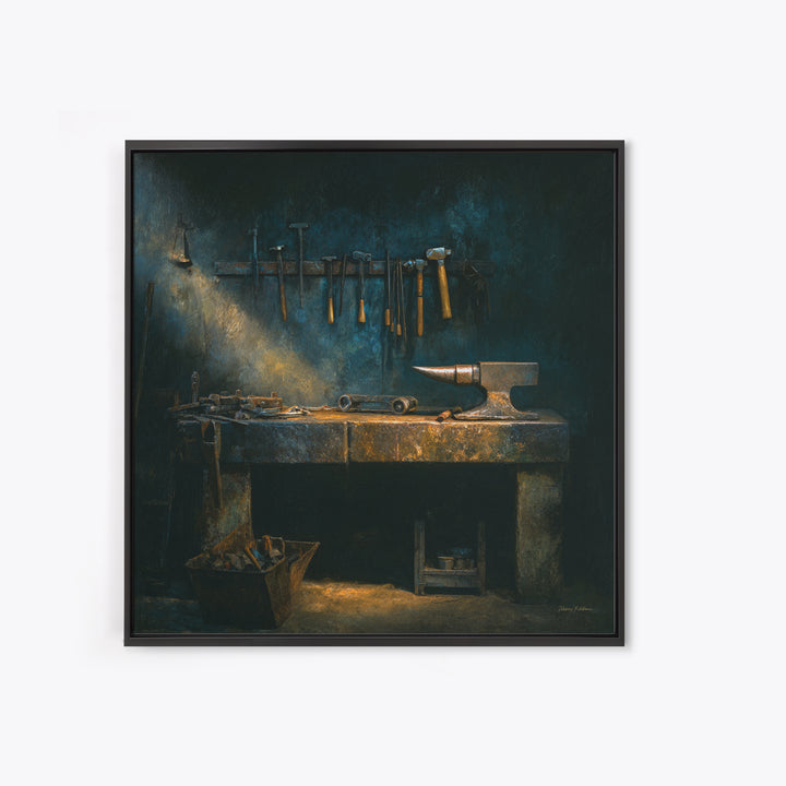 Blacksmith Tools on Dark Workbench Canvas Print, Industrial Art, Textured Painting, Living Room Decor, Oil Painting, Foundry, IND-1x1-82