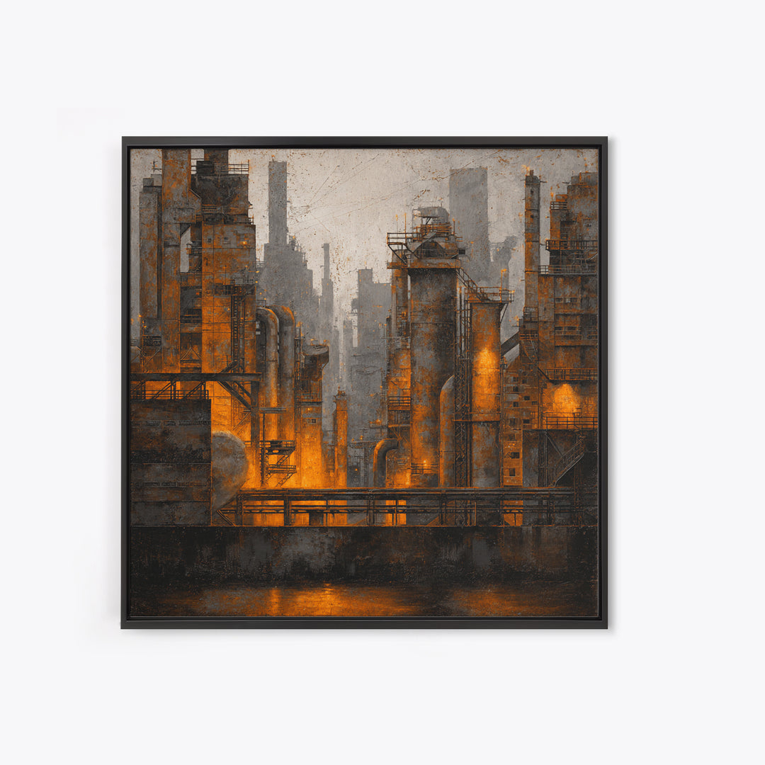 Industrial City Skyline Framed Canvas Print, Industrial Art, Bauhaus Poster, Living Room Decor, Fine Art, Foundry, IND-1x1-84