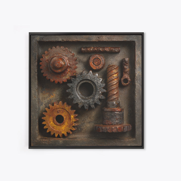 Rusted Gears Arranged as Sculptural Still Life Canvas Print, Industrial Art, Abstract Art, Living Room Decor, Oil Painting, IND-1x1-97