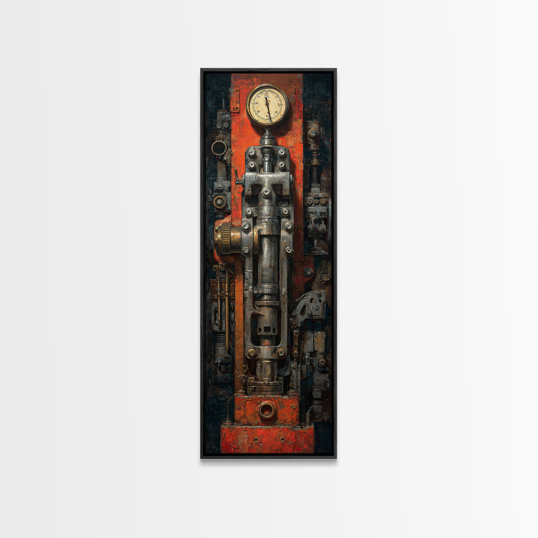 Brass Gauge and Machinery Still Life Canvas Print, Industrial Art, Textured Painting, Living Room Decor, Fine Art, Foundry, IND-1x3-49