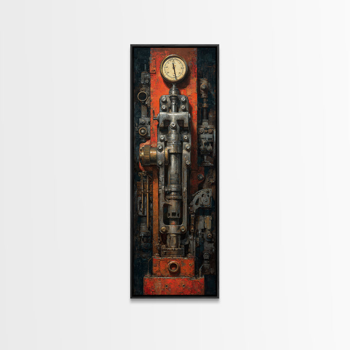 Brass Gauge and Machinery Still Life Canvas Print, Industrial Art, Textured Painting, Living Room Decor, Fine Art, Foundry, IND-1x3-49