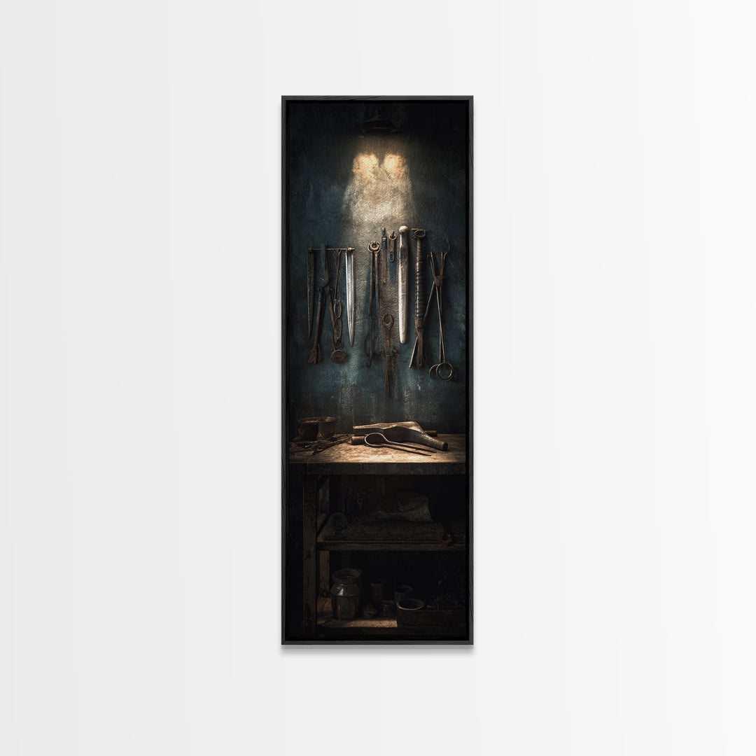 Blacksmith Tools on Dark Workbench Framed Canvas Print, Industrial Art, Luxury Decor, Living Room Decor, Fine Art, Foundry, IND-1x3-70