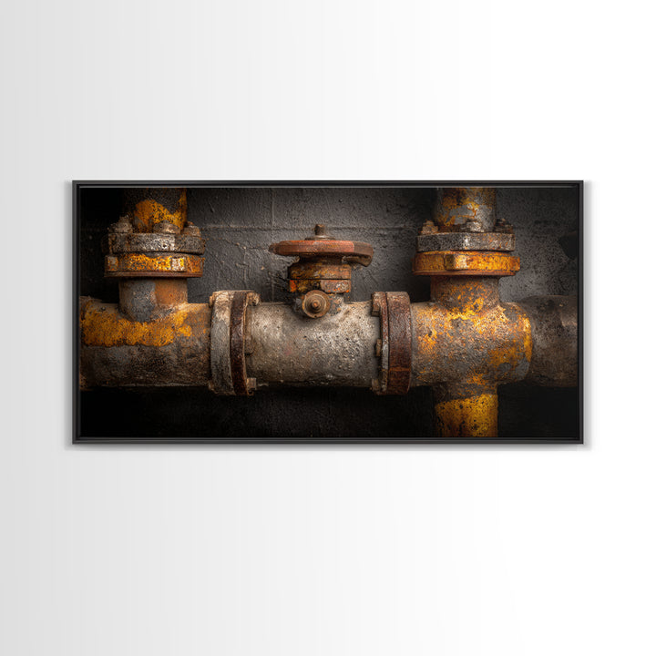 Metal Pipes and Valves as Graphic Composition Framed Canvas Print, Industrial Art, Living Room Art, Living Room Decor, Foundry, IND-2x1-100