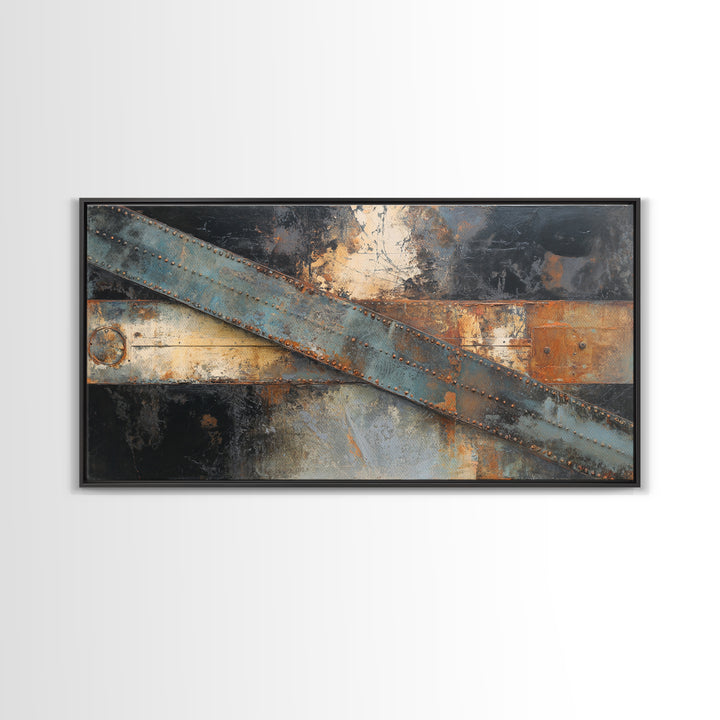 Steel Beams Crossing Like Abstract Lines Framed Canvas Print, Industrial Art, Wall Hanging, Living Room Decor, Abstract Art, IND-2x1-13
