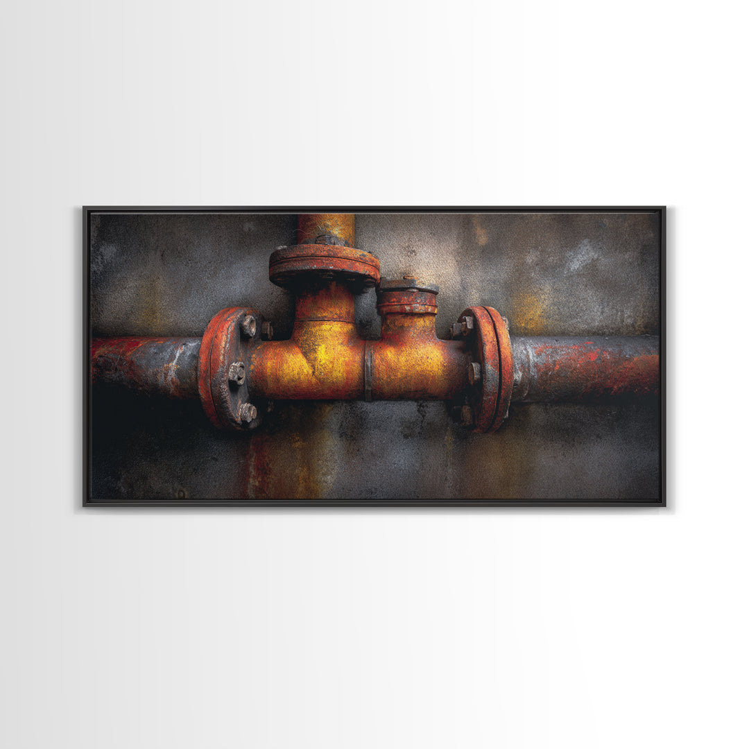 Metal Pipes and Valves as Graphic Composition Framed Canvas Print, Industrial Art, Wall Art, Living Room Decor, Foundry, IND-2x1-28