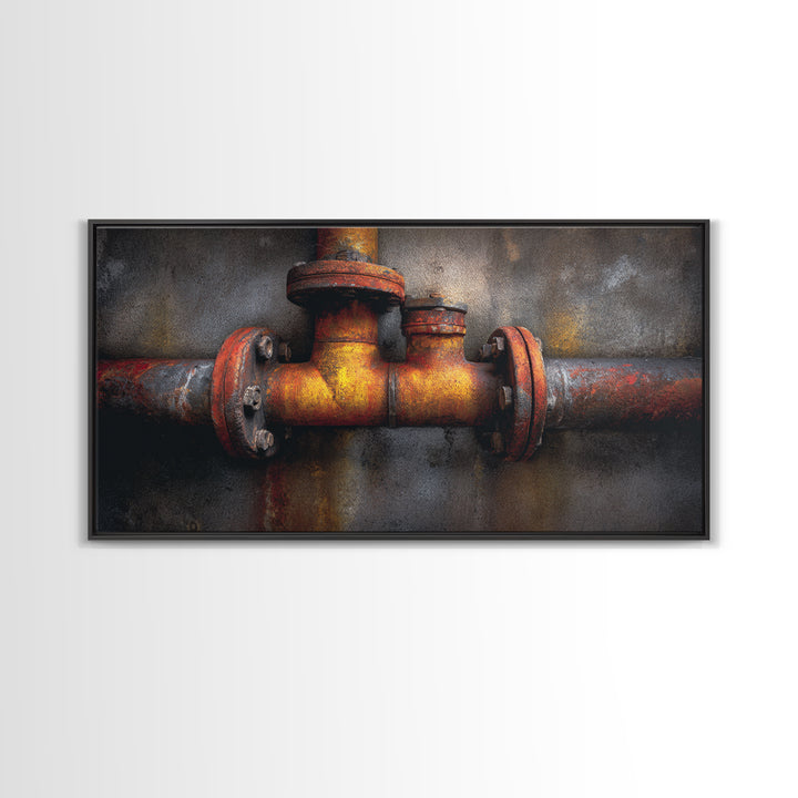 Metal Pipes and Valves as Graphic Composition Framed Canvas Print, Industrial Art, Wall Art, Living Room Decor, Foundry, IND-2x1-28