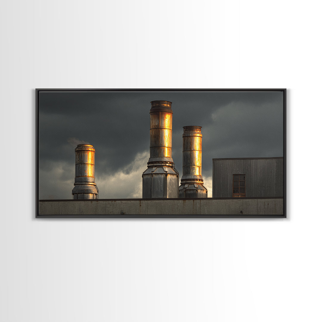Factory Smokestacks with Moody Sky Canvas Print, Industrial Art, Abstract Art, Living Room Decor, Foundry, Bauhaus Poster, IND-2x1-31