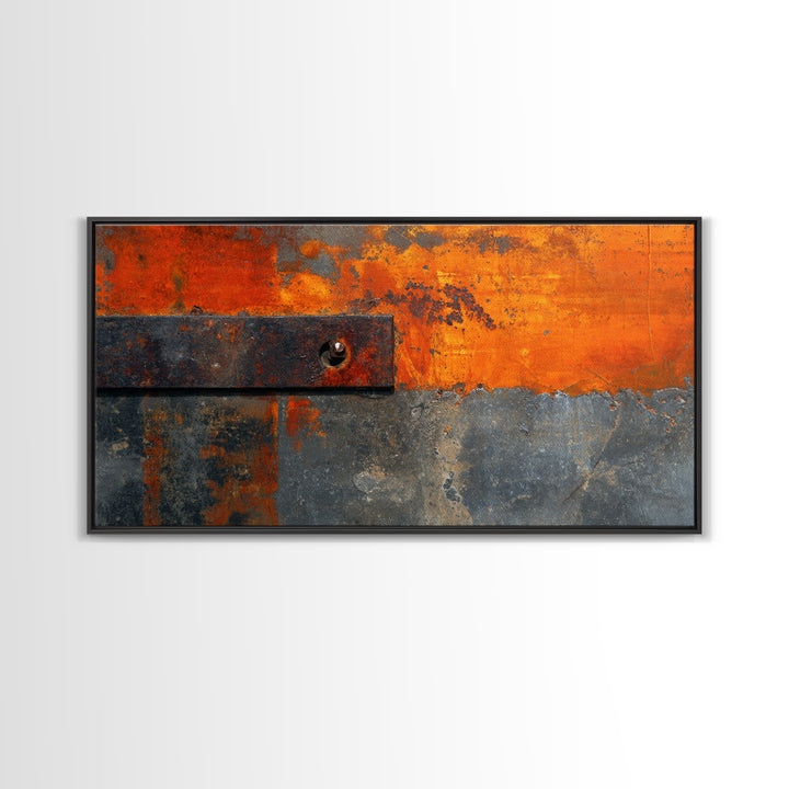 Rust Orange and Charcoal Geometric Abstraction Framed Canvas Print, Industrial Art, Living Room Decor, Abstract Art, Foundry, IND-2x1-34