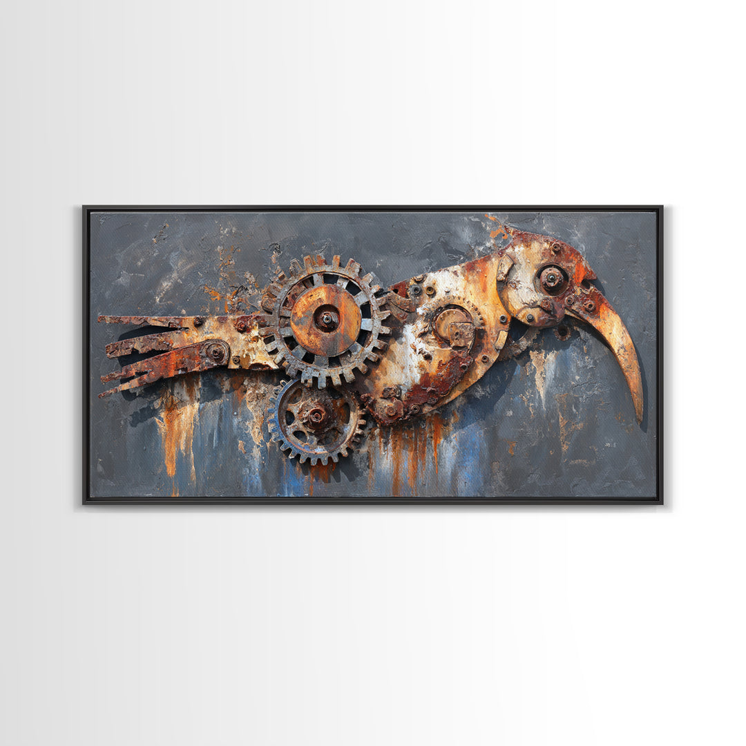Mechanical Bird Made from Gears Canvas Print, Industrial Art, Original Painting, Living Room Decor, Oil Painting, Foundry, IND-2x1-39