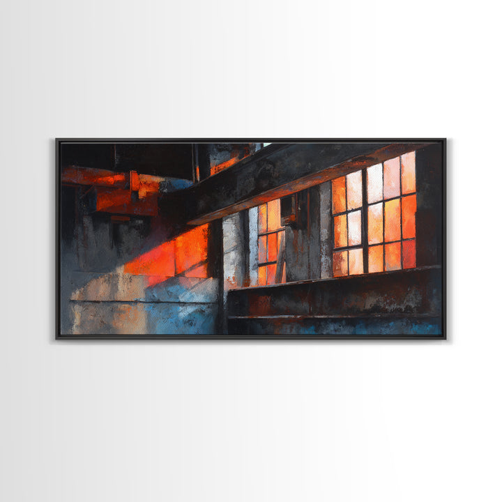 Old Factory Window Framed Canvas Print, Industrial Art, Art Prints, Living Room Decor, Fine Art, Foundry, Abstract Painting, IND-2x1-46