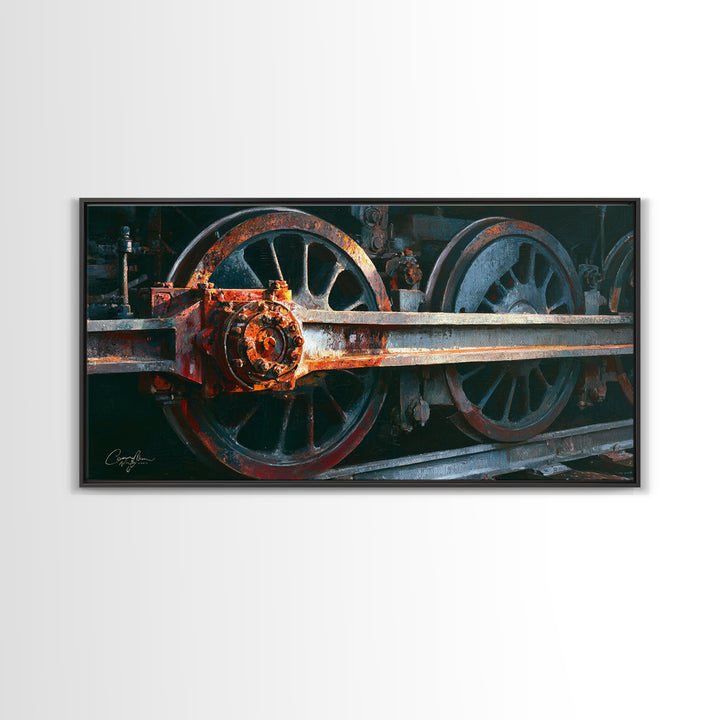 Steam Locomotive Wheel Closeup Framed Canvas Print, Industrial Art, Art Print, Living Room Decor, Fine Art, Foundry, Modern Art, IND-2x1-50