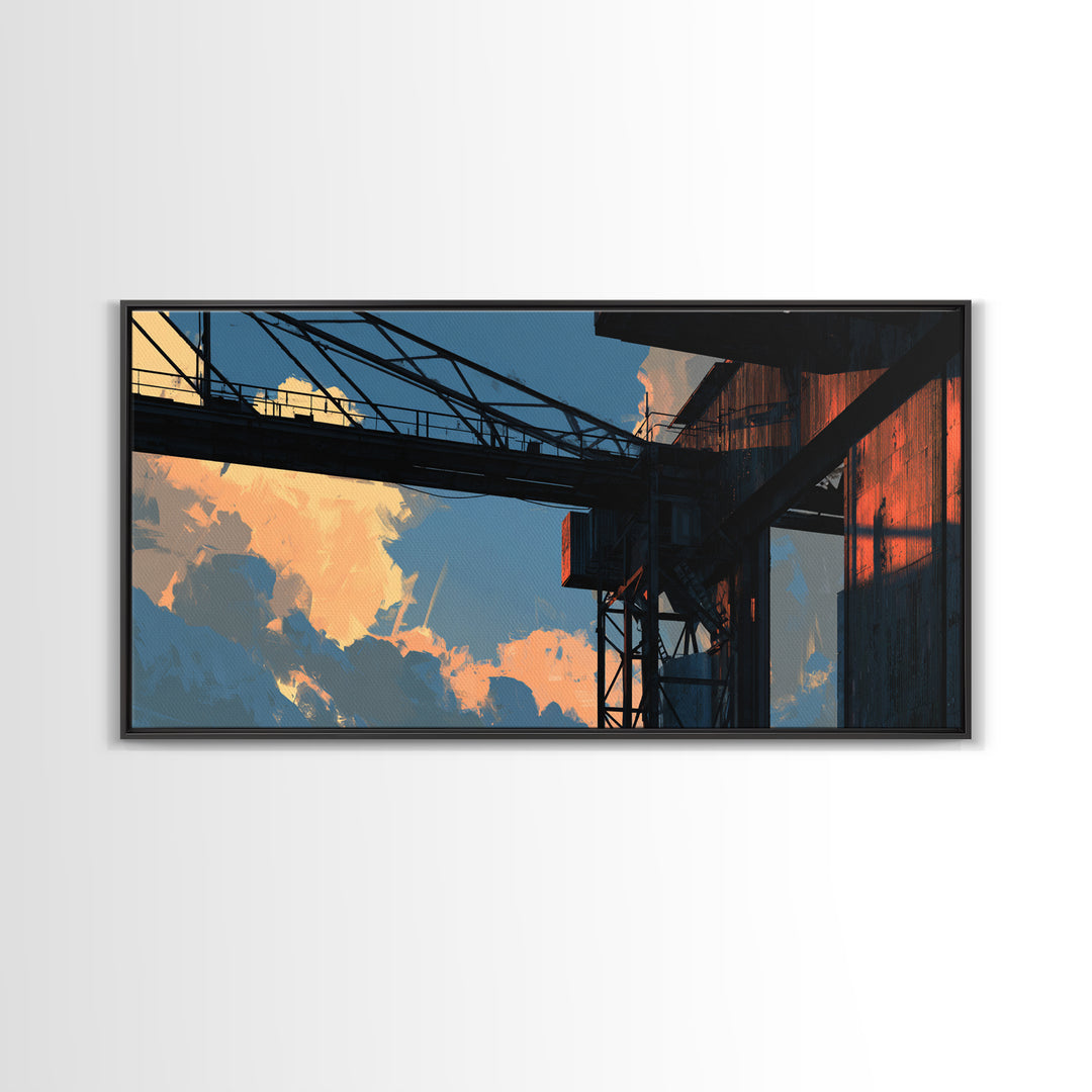 Warehouse Crane Silhouette Framed Canvas Print, Industrial Art, Metal Art, Living Room Decor, Watercolor Art, Foundry, IND-2x1-51
