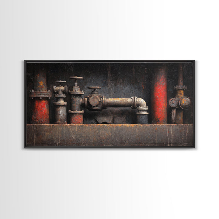 Metal Pipes and Valves as Graphic Composition Canvas Print, Industrial Art, Digital Prints, Living Room Decor, Foundry, IND-2x1-52