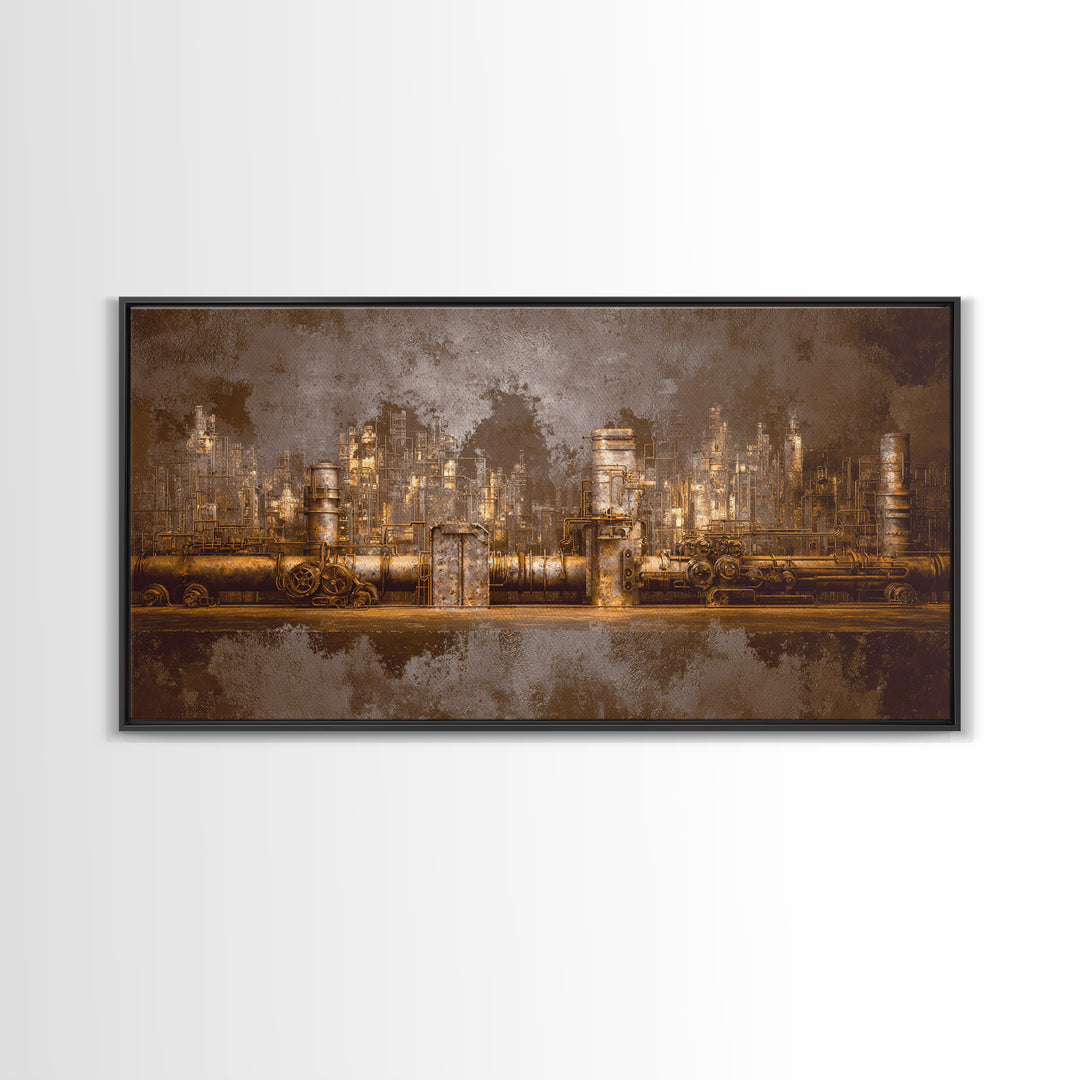 Industrial City Skyline Framed Canvas Print, Industrial Art, Living Room Decor, Abstract Art, Foundry, Abstract Painting, IND-2x1-56