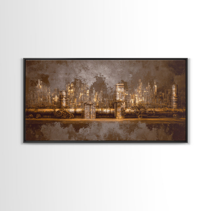 Industrial City Skyline Framed Canvas Print, Industrial Art, Living Room Decor, Abstract Art, Foundry, Abstract Painting, IND-2x1-56