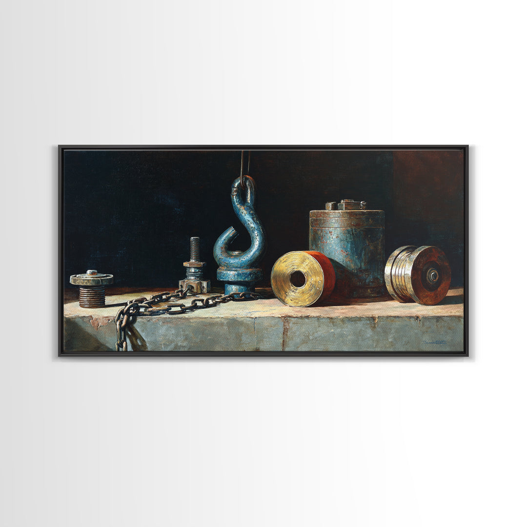 Chain and Hook Still Life Framed Canvas Print, Industrial Art, Art Print, Living Room Decor, Oil Painting, Foundry, Modern Art, IND-2x1-60