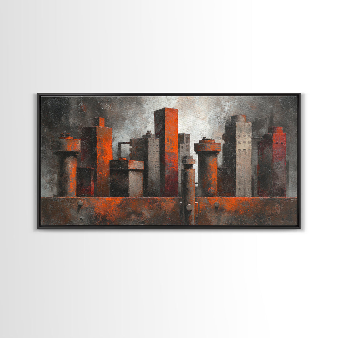 Industrial City Skyline Framed Canvas Print, Industrial Art, Luxury Decor, Living Room Decor, Abstract Art, Foundry, Art Print, IND-2x1-8