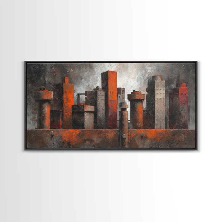 Industrial City Skyline Framed Canvas Print, Industrial Art, Luxury Decor, Living Room Decor, Abstract Art, Foundry, Art Print, IND-2x1-8