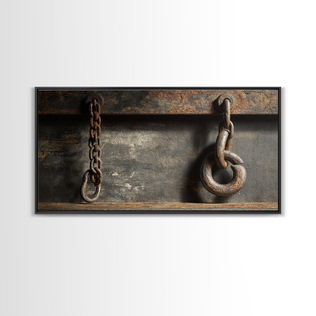 Chain and Hook Still Life Framed Canvas Print, Industrial Art, Abstract Painting, Living Room Decor, Fine Art, Foundry, IND-2x1-84