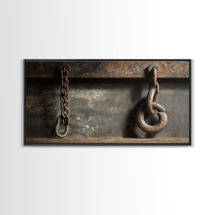 Chain and Hook Still Life Framed Canvas Print, Industrial Art, Abstract Painting, Living Room Decor, Fine Art, Foundry, IND-2x1-84