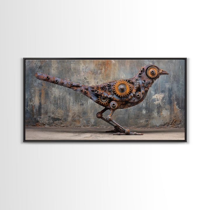Mechanical Bird Made from Gears Framed Canvas Print, Industrial Art, Contemporary Art, Living Room Decor, Fine Art, Foundry, IND-2x1-87