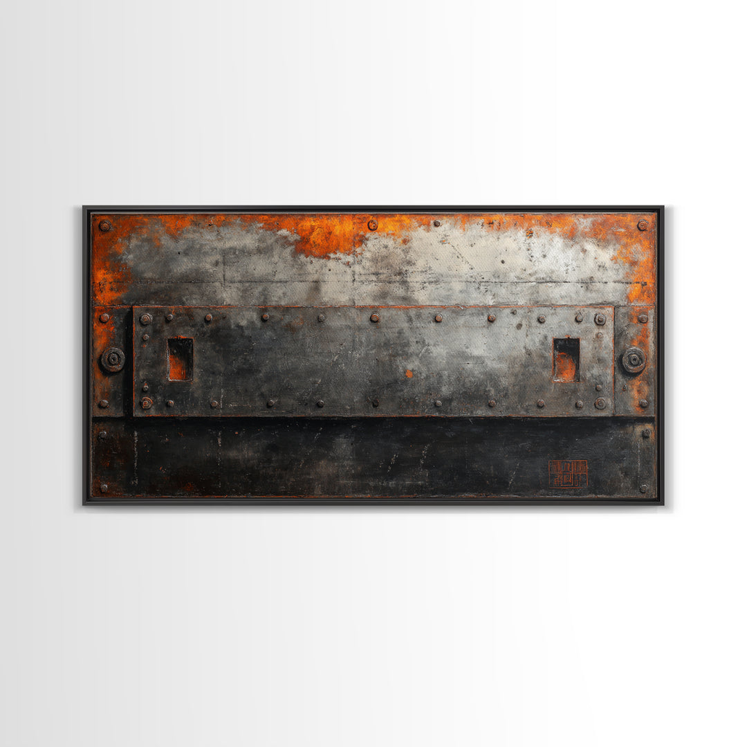 Riveted Metal Panel Texture Study Framed Canvas Print, Industrial Art, Wall Hanging, Living Room Decor, Oil Painting, Foundry, IND-2x1-90