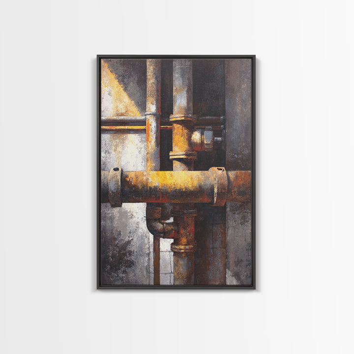 Metal Pipes and Valves as Graphic Composition Canvas Print, Industrial Art, Textured Painting, Living Room Decor, Foundry, IND-2x3-16