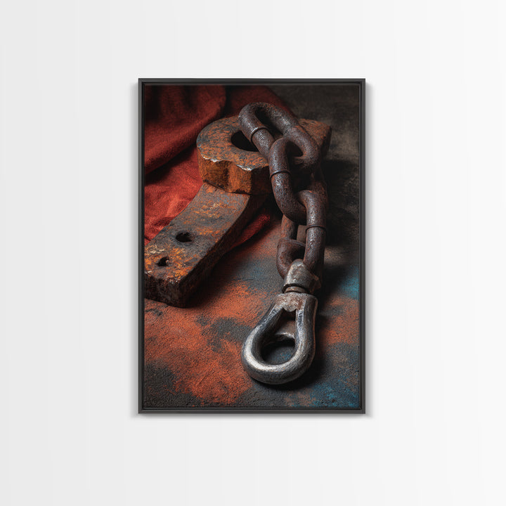 Chain and Hook Still Life Framed Canvas Print, Industrial Art, Minimalist Decor, Living Room Decor, Fine Art, Foundry, IND-2x3-24
