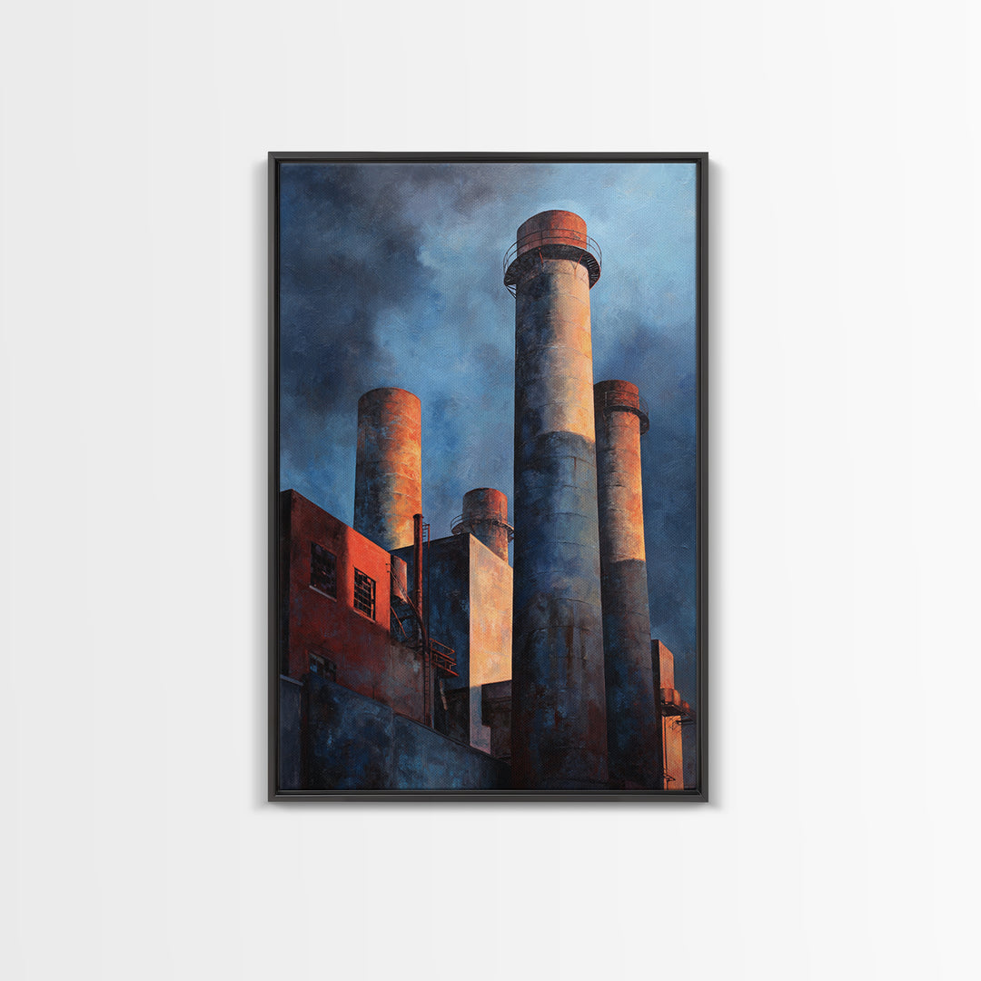 Factory Smokestacks with Moody Sky Framed Canvas Print, Industrial Art, Large Art, Living Room Decor, Fine Art, Foundry, IND-2x3-43