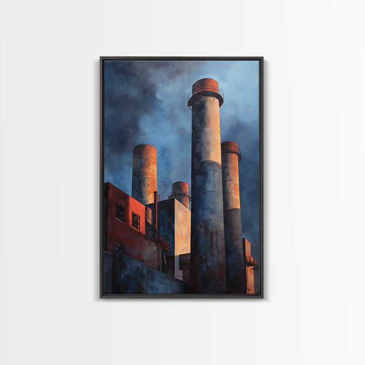 Factory Smokestacks with Moody Sky Framed Canvas Print, Industrial Art, Large Art, Living Room Decor, Fine Art, Foundry, IND-2x3-43