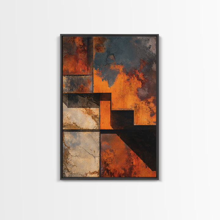 Rust Orange and Charcoal Geometric Abstraction Framed Canvas Print, Industrial Art, Art Print, Living Room Decor, Foundry, IND-2x3-46