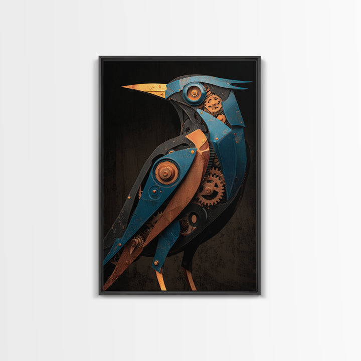 Mechanical Bird Made from Gears Framed Canvas Print, Industrial Art, Metal Art, Living Room Decor, Oil Painting, Foundry, IND-2x3-51
