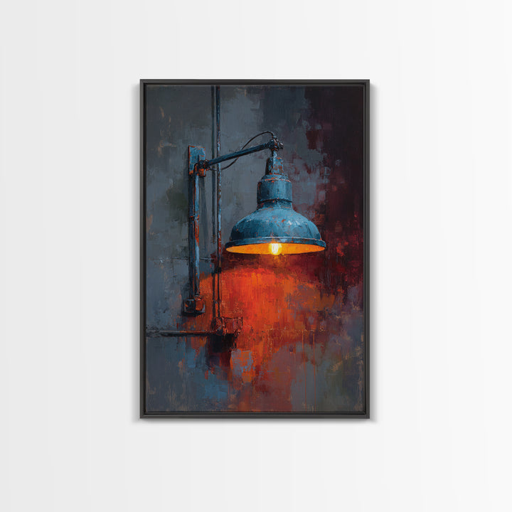 Industrial Lamp with Warm Glow Framed Canvas Print, Industrial Art, Abstract Painting, Living Room Decor, Fine Art, Foundry, IND-2x3-55