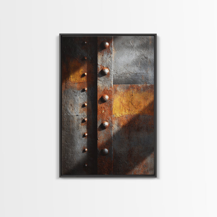 Riveted Metal Panel Texture Study Framed Canvas Print, Industrial Art, Wall Decor, Living Room Decor, Fine Art, Foundry, IND-2x3-6