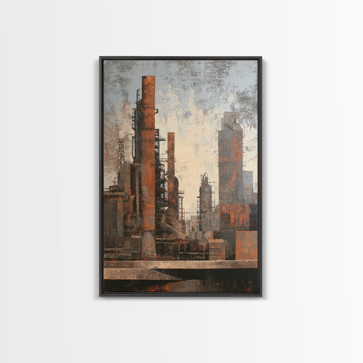 Industrial City Skyline Framed Canvas Print, Industrial Art, Contemporary Art, Living Room Decor, Fine Art, Foundry, IND-2x3-68