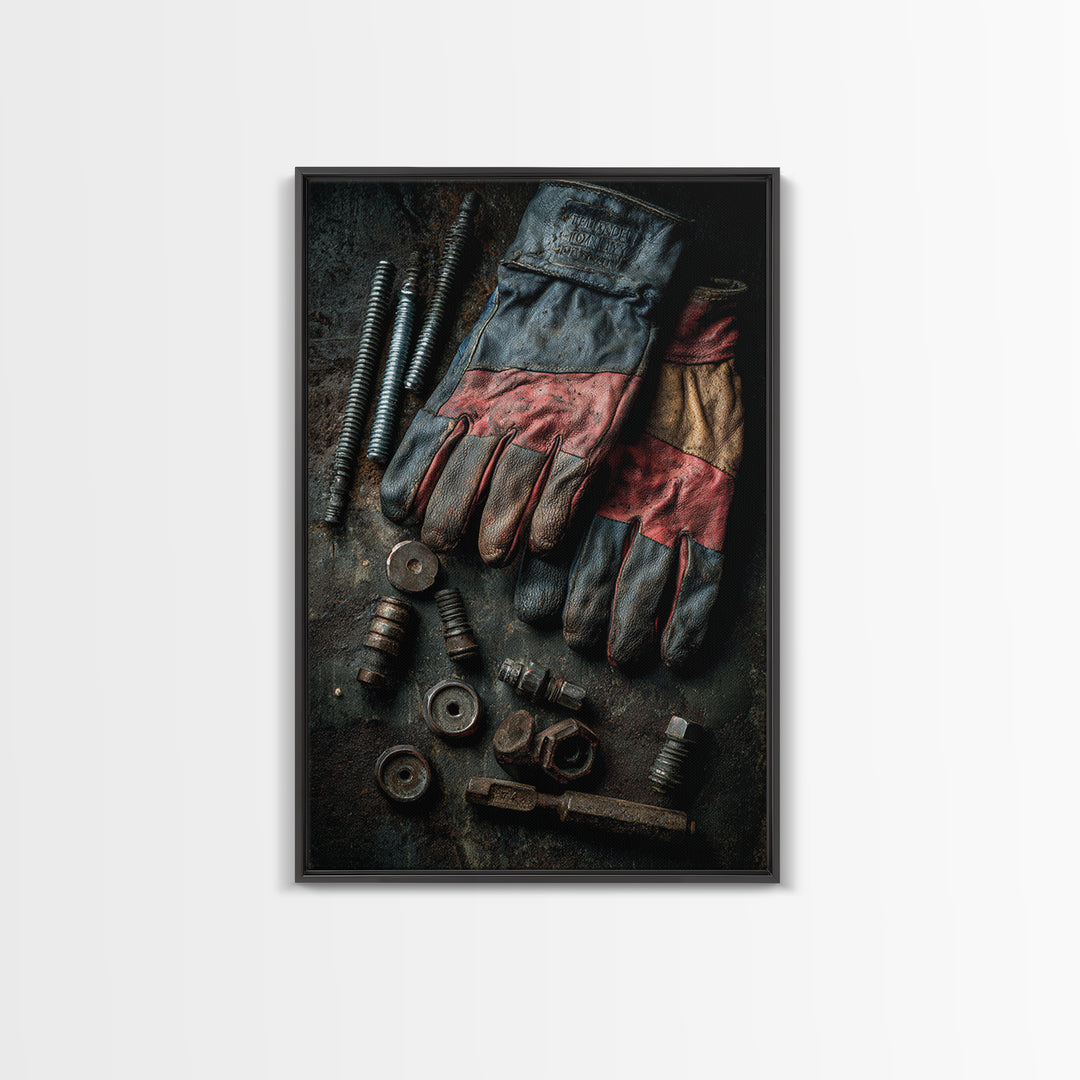 Worn Work Gloves and Bolts Arrangement Canvas Print, Industrial Art, Textured Wall Art, Living Room Decor, Foundry, IND-2x3-74