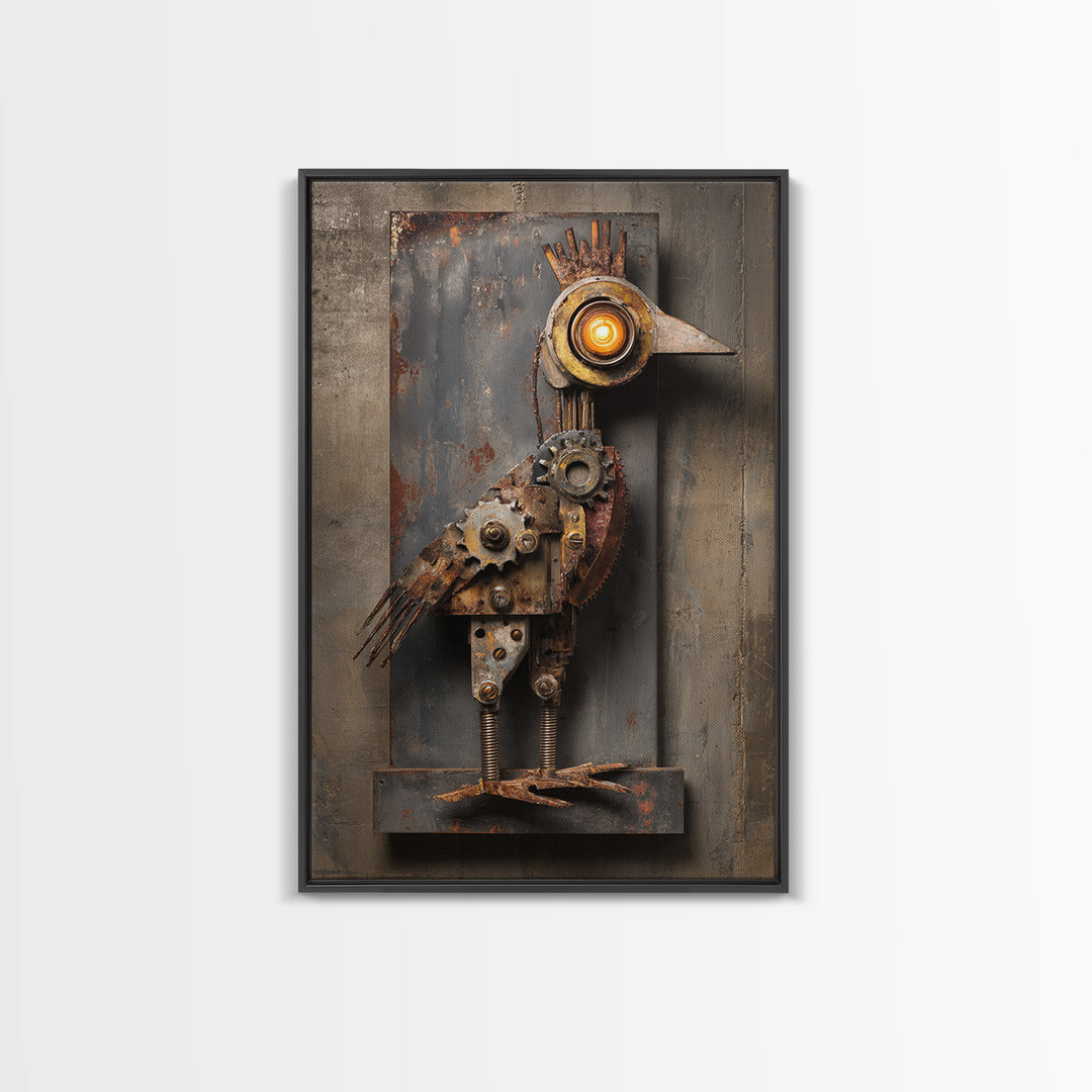 Mechanical Bird Made from Gears Framed Canvas Print, Industrial Art, Texas Art, Living Room Decor, Fine Art, Foundry, IND-2x3-75