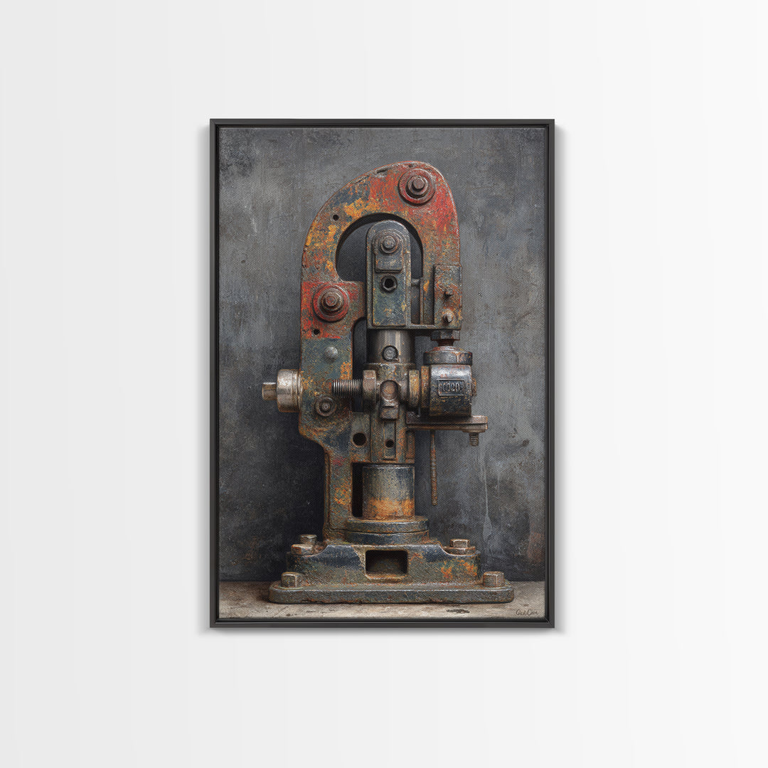 Brass Gauge and Machinery Still Life Framed Canvas Print, Industrial Art, Bauhaus Poster, Living Room Decor, Fine Art, Foundry, IND-2x3-93