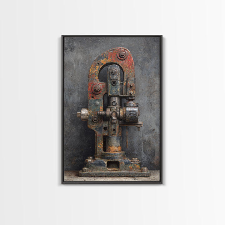 Brass Gauge and Machinery Still Life Framed Canvas Print, Industrial Art, Bauhaus Poster, Living Room Decor, Fine Art, Foundry, IND-2x3-93