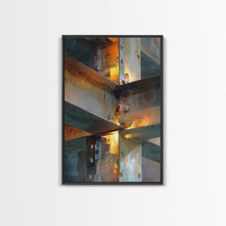 Steel Beams Crossing Like Abstract Lines Framed Canvas Print, Industrial Art, Living Room Decor, Abstract Art, Foundry, IND-2x3-97