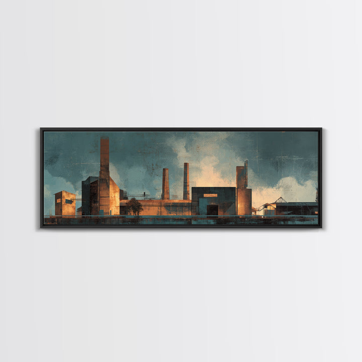 Factory Smokestacks with Moody Sky Framed Canvas Print, Industrial Art, Wall Hanging, Living Room Decor, Fine Art, Foundry, IND-3x1-51